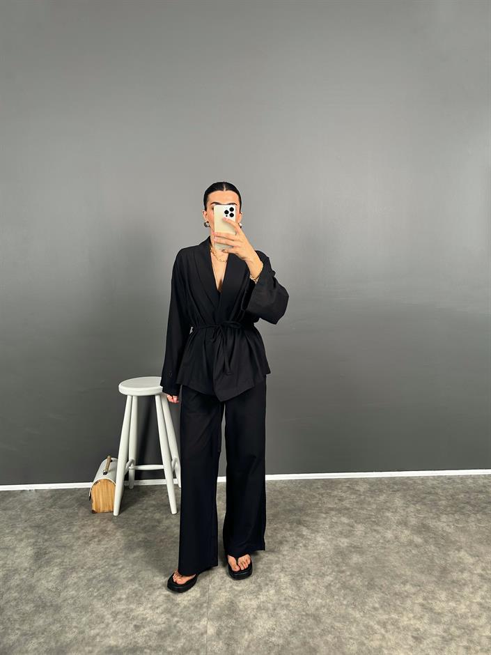 Guta Siyah Keten Karışımlı Yarım Astarlı Pantolon Kimono İkili Takım