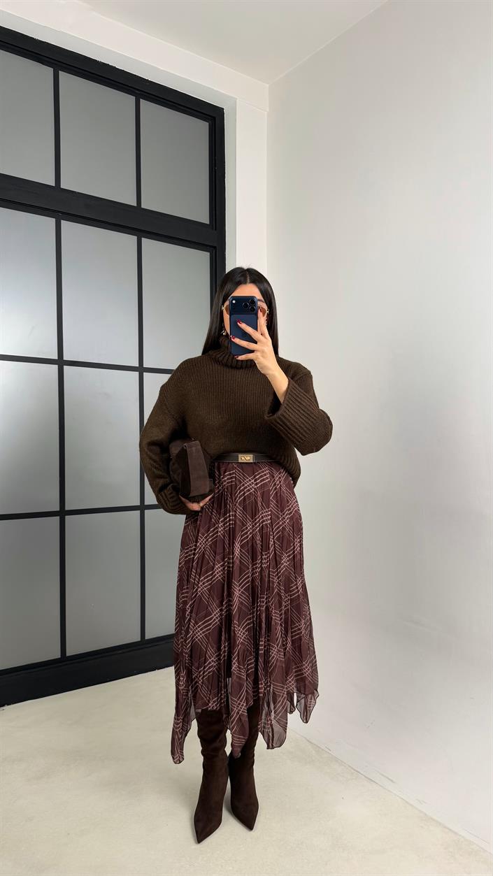 Kahve Ekose Desenli Astarlı Şifon Etek GAUS-00725