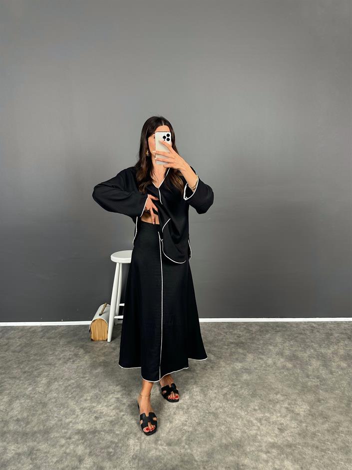 Makuna Siyah Çizgili Cotton Bluz Etek Takım