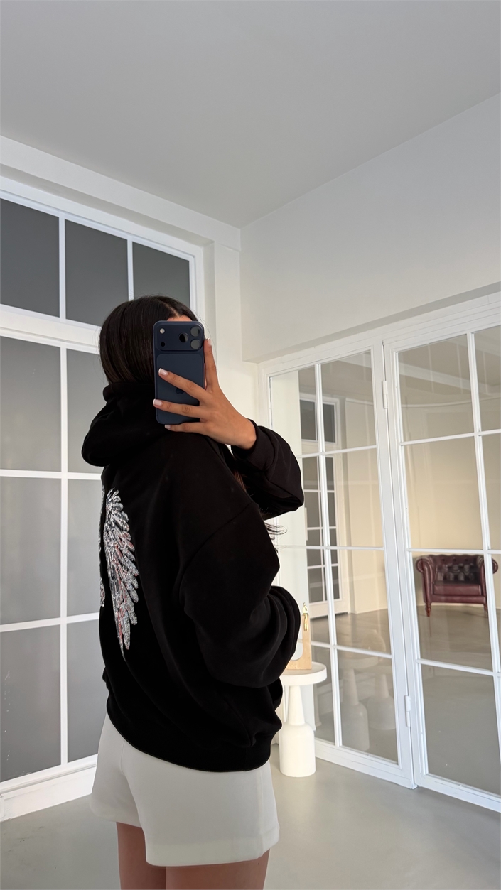 Siyah Kanat İşlemeli Kapüşonlu Sweatshirt GAUS-02052