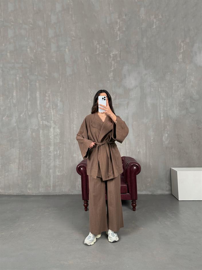 Sansa Kahve Kuşaklı Keten Kimono Takım