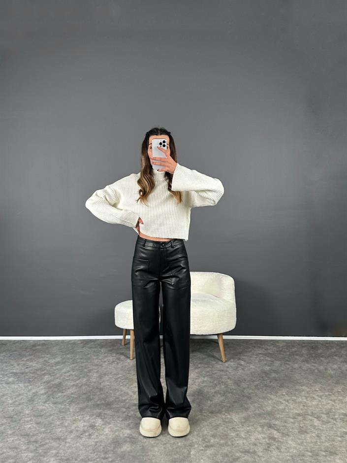 Siyah Ön Cepli Şardonlu Deri Pantolon