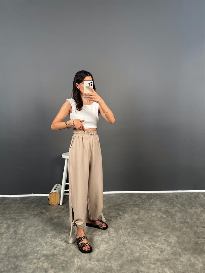 Vizon Paçası Bağlamalı Rahat Dokuma Pantolon