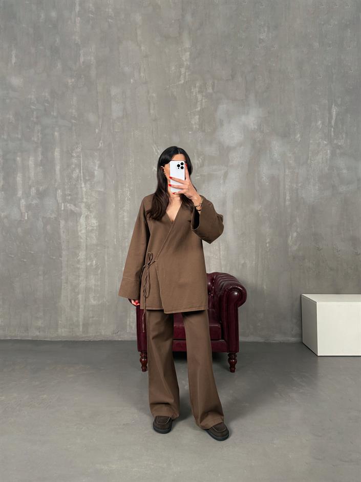 Rozali Kahve Gabardin Kimono İkili Takım