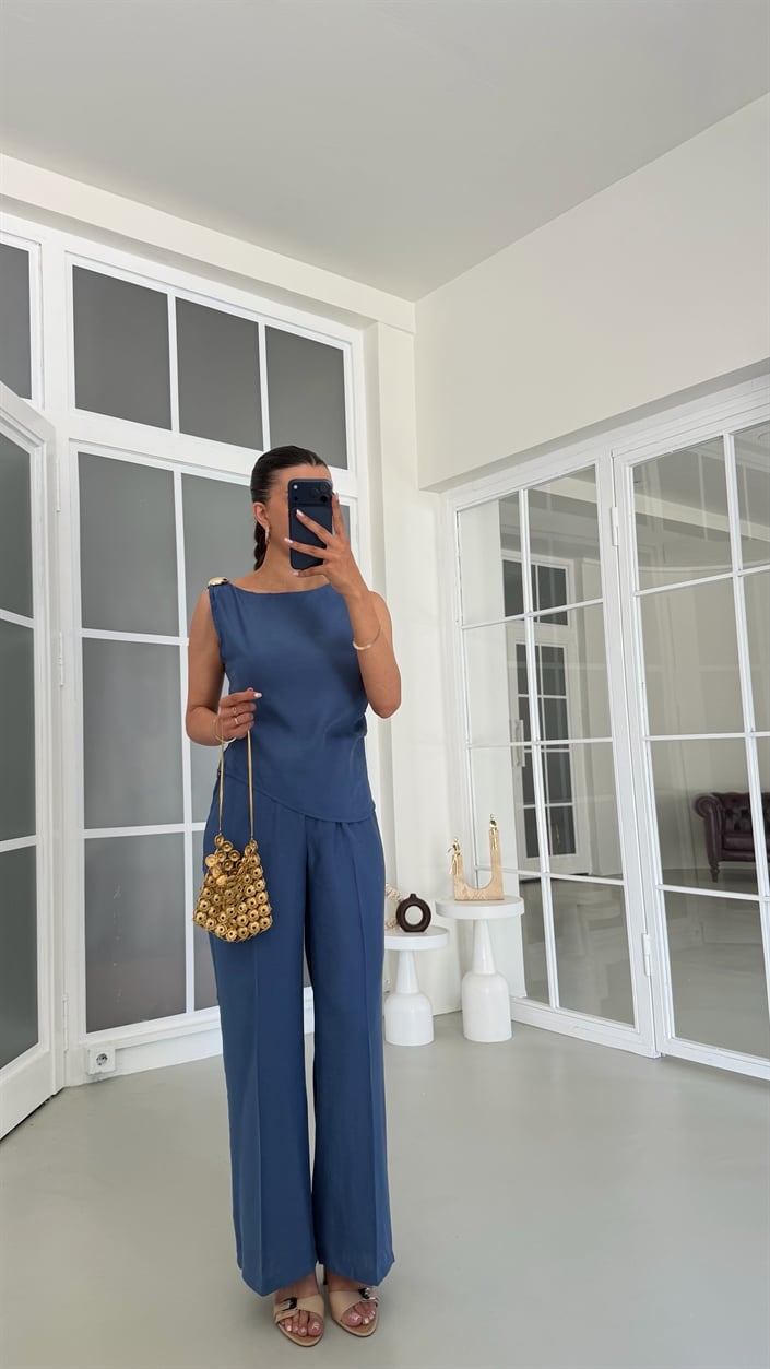 Koyu Mavi Gold Toka Detaylı Bluz Pantolon İkili Tencel Takım GAUS-01825