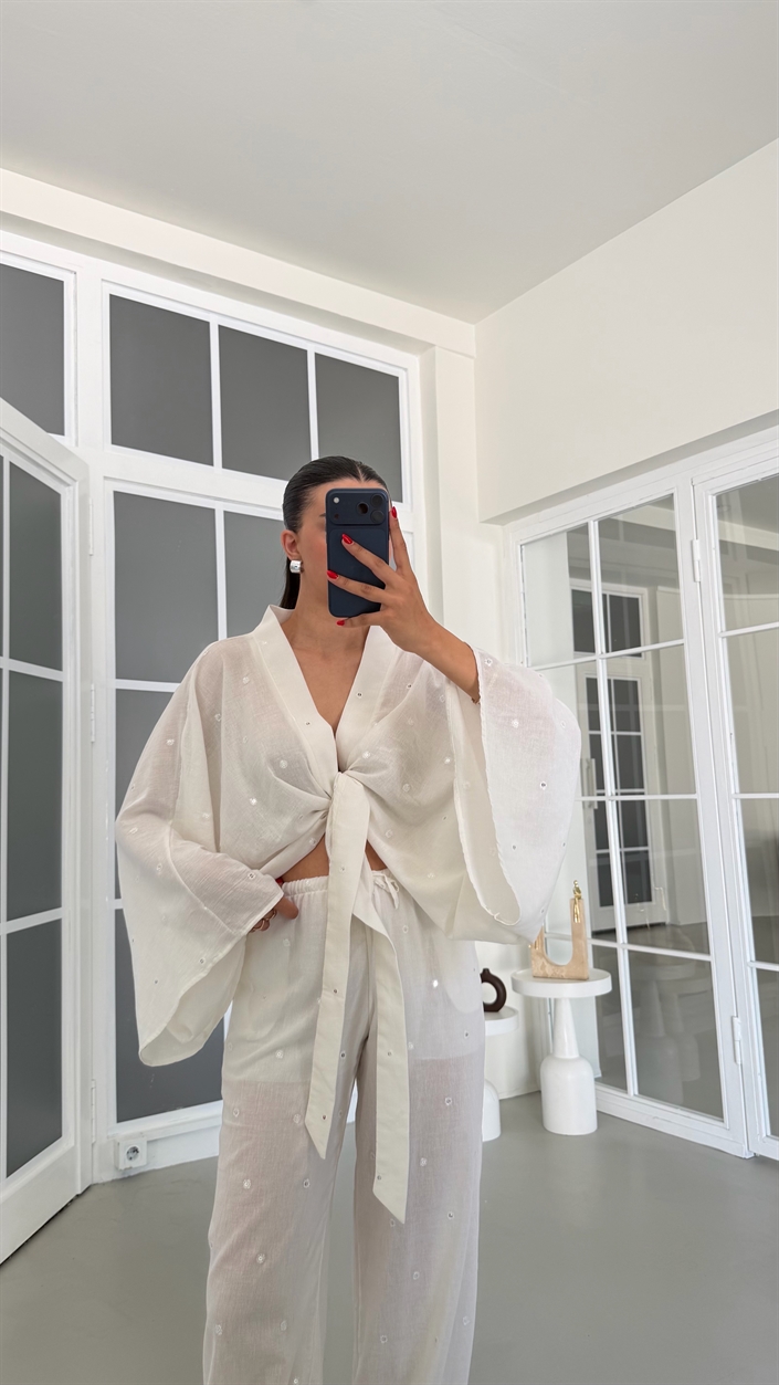Ekru Pul Detaylı Kimono Beli Lastikli Şalvar Pantolon İkili Premium Takım GAUS-01857