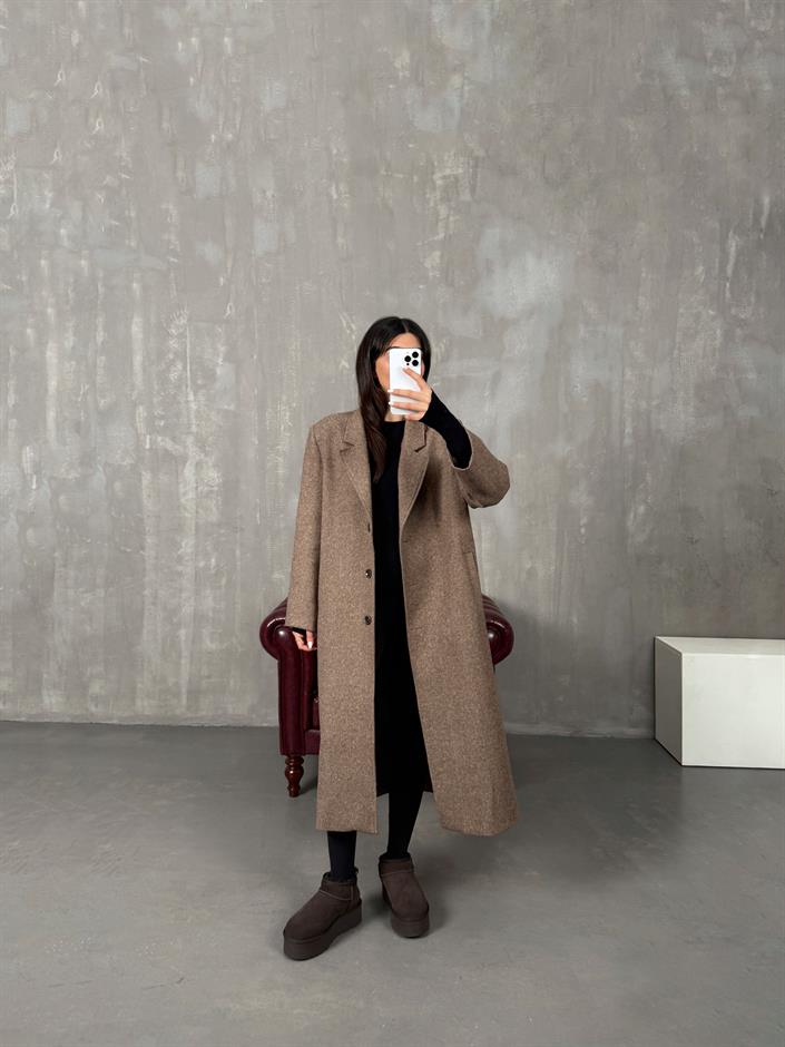 Nerisa Kahve Düğmeli Astarlı Premium Kaban