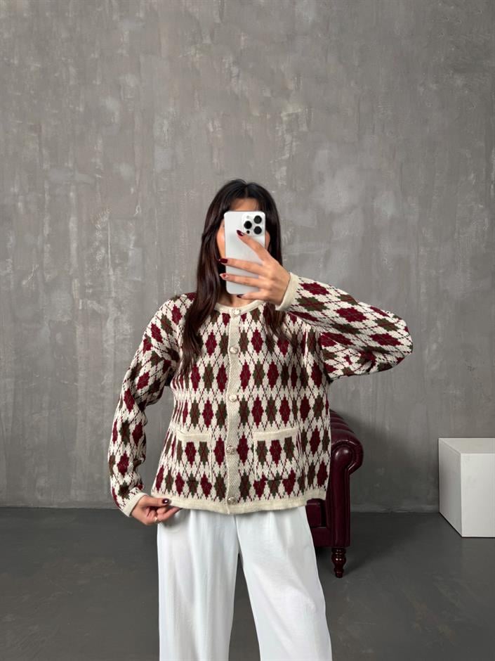 Garcia Krem Bordo Baklava Desenli Hırka