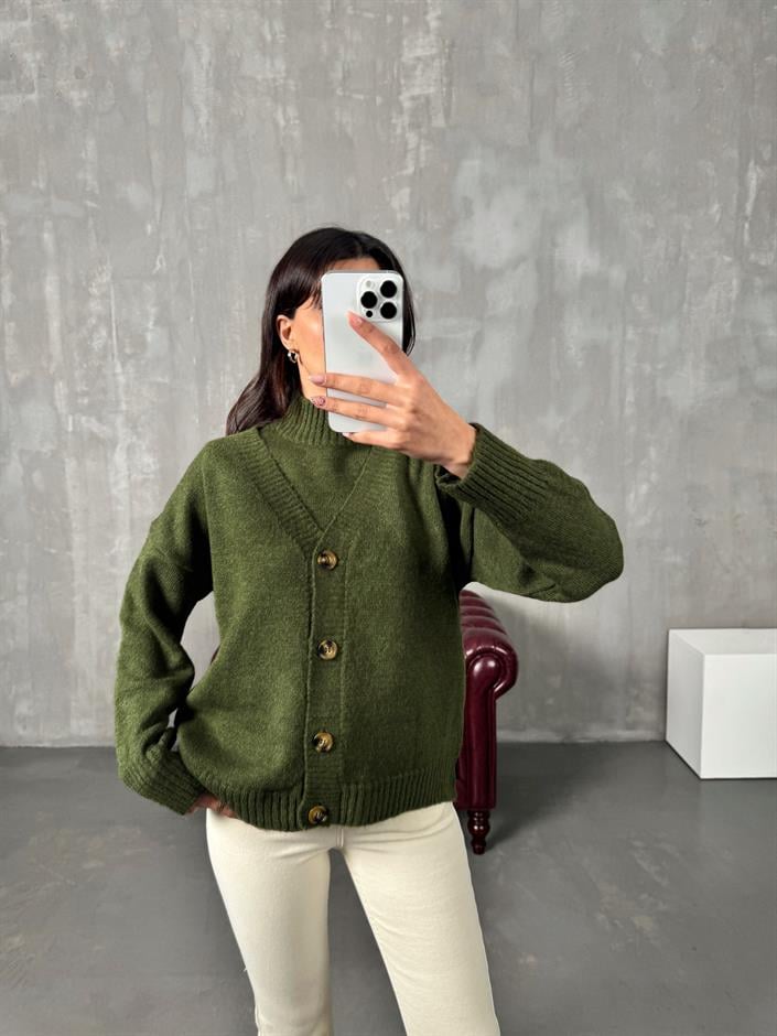 Jenny Haki Balıkçı Yaka Süveter Hırka İkili Takım