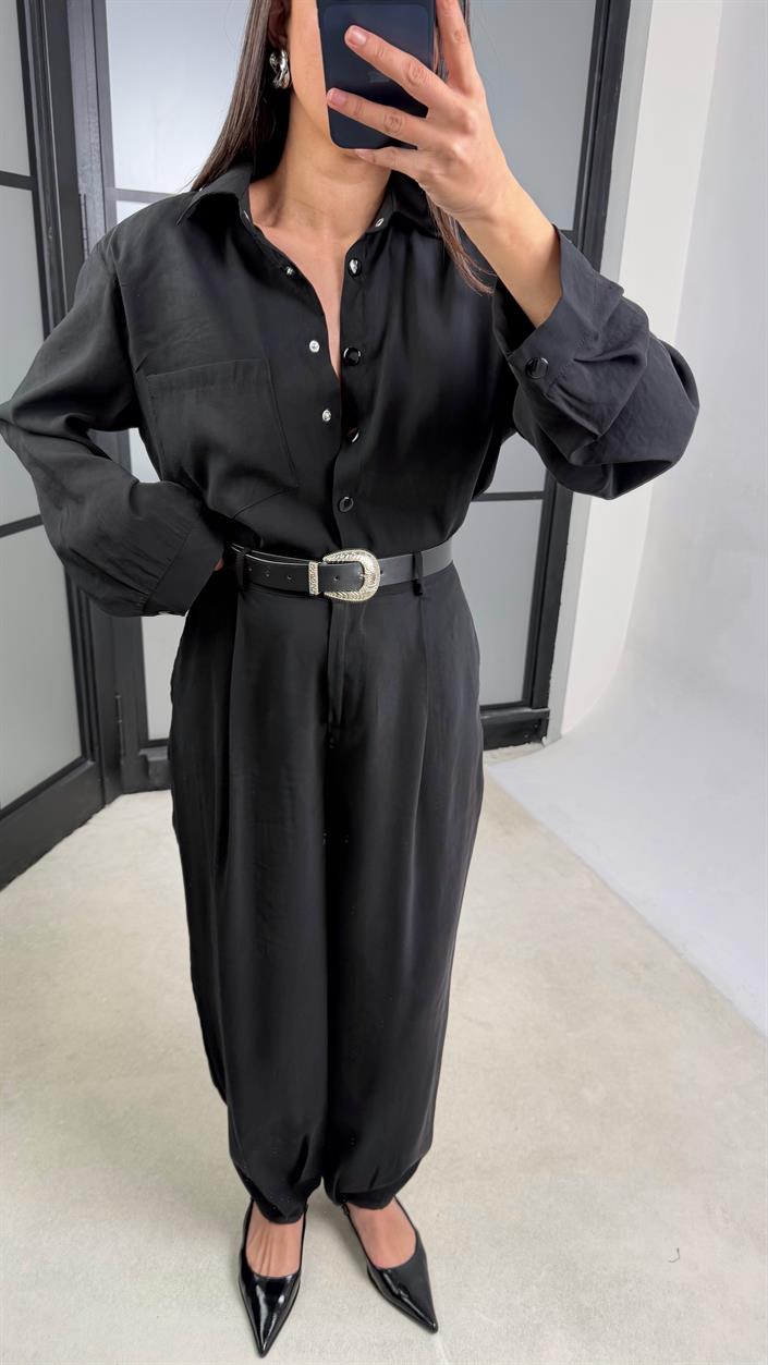 Siyah Vatkalı Gömlek Kemerli Pantolon İkili Tencel Takım GAUS-01319