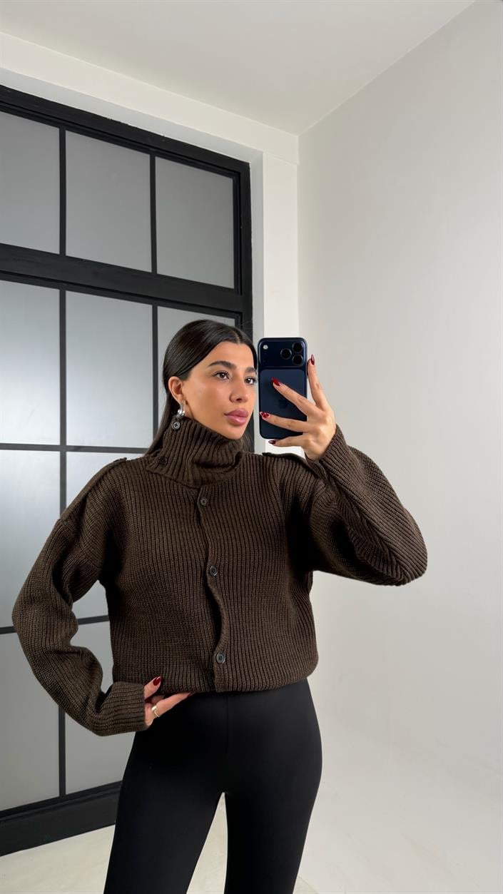 Acı Kahve Dik Yaka Düğmeli Triko Hırka GAUS-00731