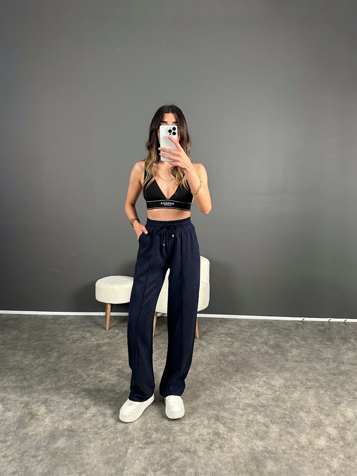 MD Lacivert Tensel Dokulu Beli Lastikli Pantolon