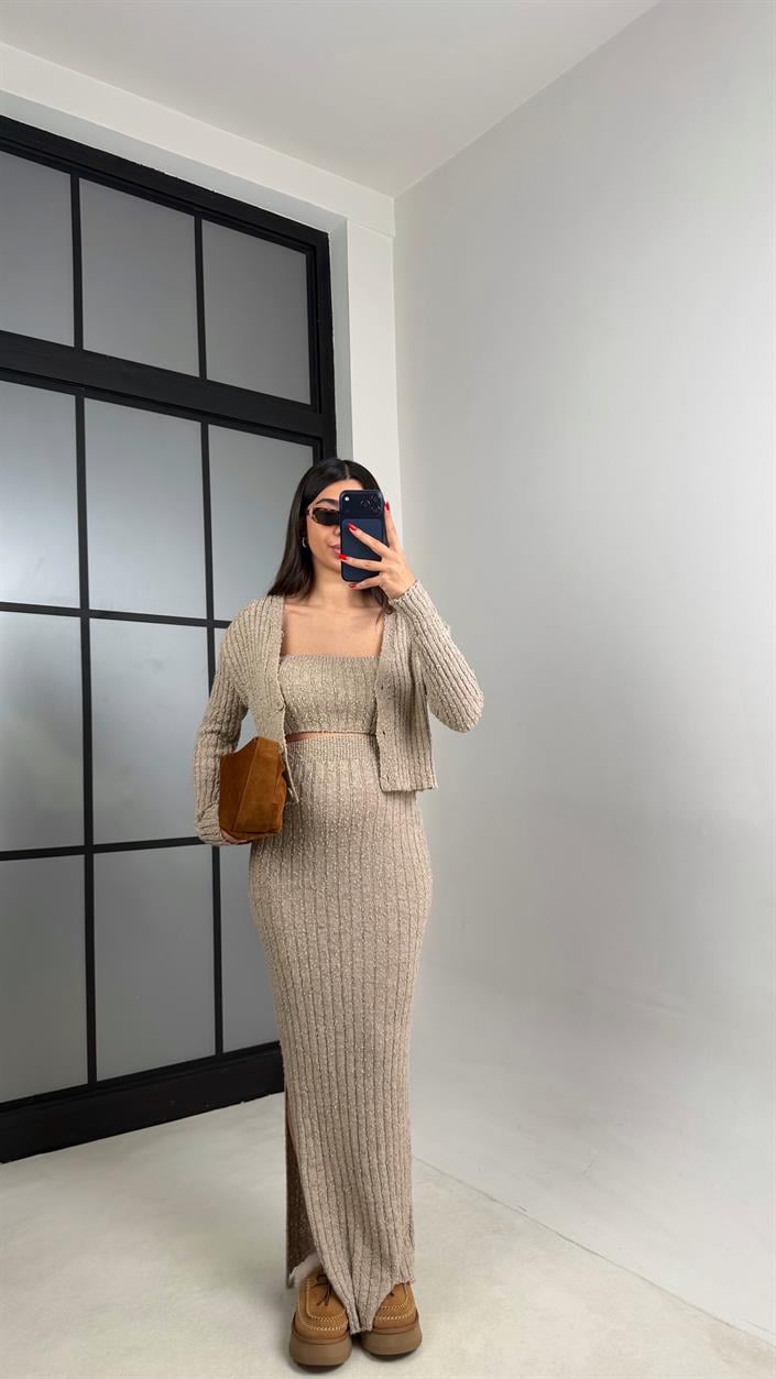 Vizon Hırka Crop Beli Lastikli Yırtmaç Detaylı Etek Triko Takım GAUS-00969