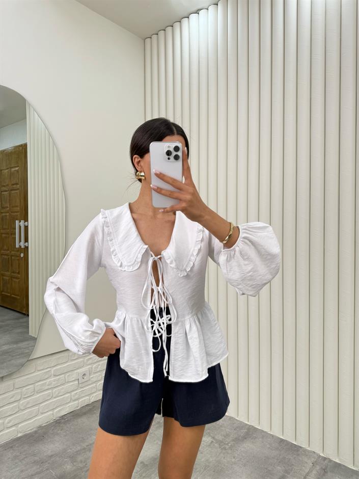 Beyaz Bebe Yaka Önü Bağlamalı Bluz Gaus00334 