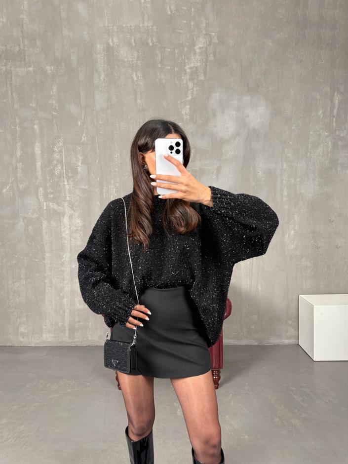 Holis Siyah Simli Oversize Kazak