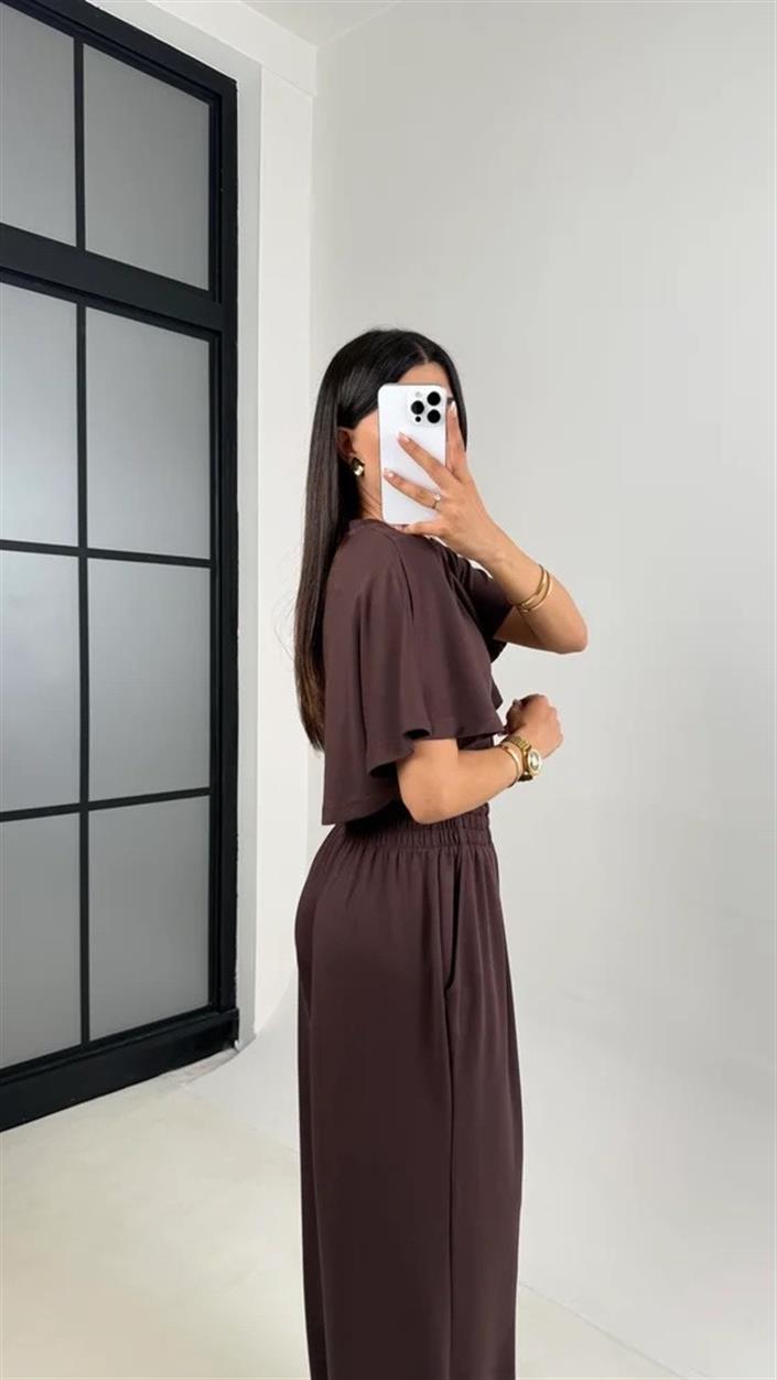 Kahve Crop Beli Lastikli Palazzo Eşofman İkili Modal Kumaş Takım GAUS-01219