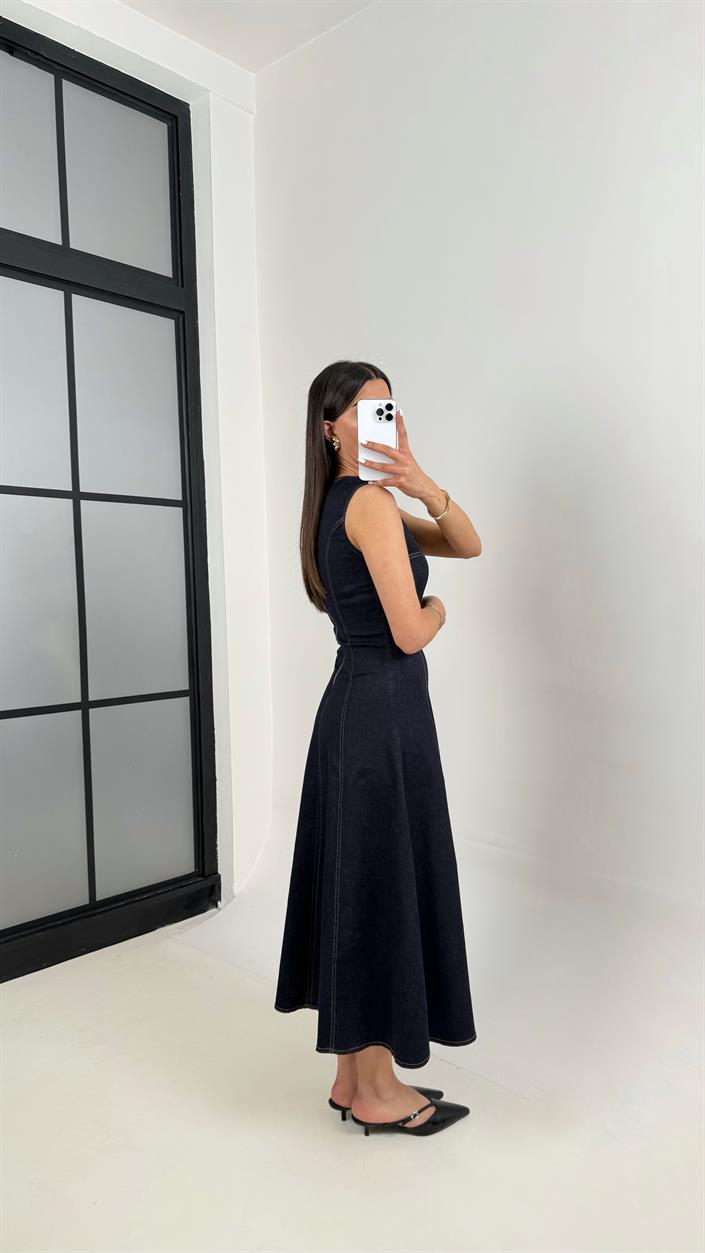 Lacivert Sıfır Kol Likralı Denim Elbise DNM01 Gaus00376