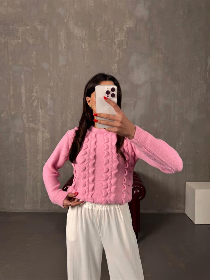 Chers Pembe Bisiklet Yaka Yumoş Kazak
