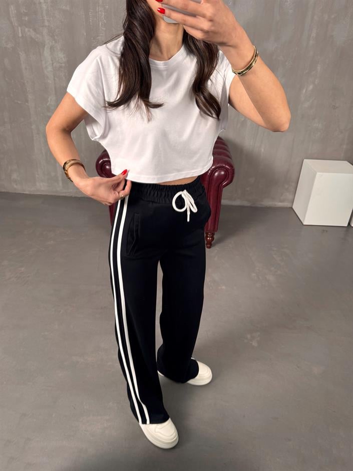 Faus Siyah Şeritli Modal Eşofman Altı