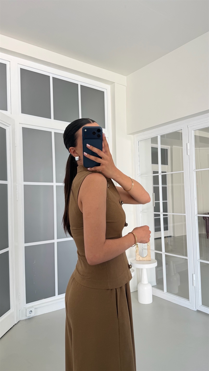 Kahve Düğme Detaylı Ceket Pantolon İkili Keten Takım GAUS-01739