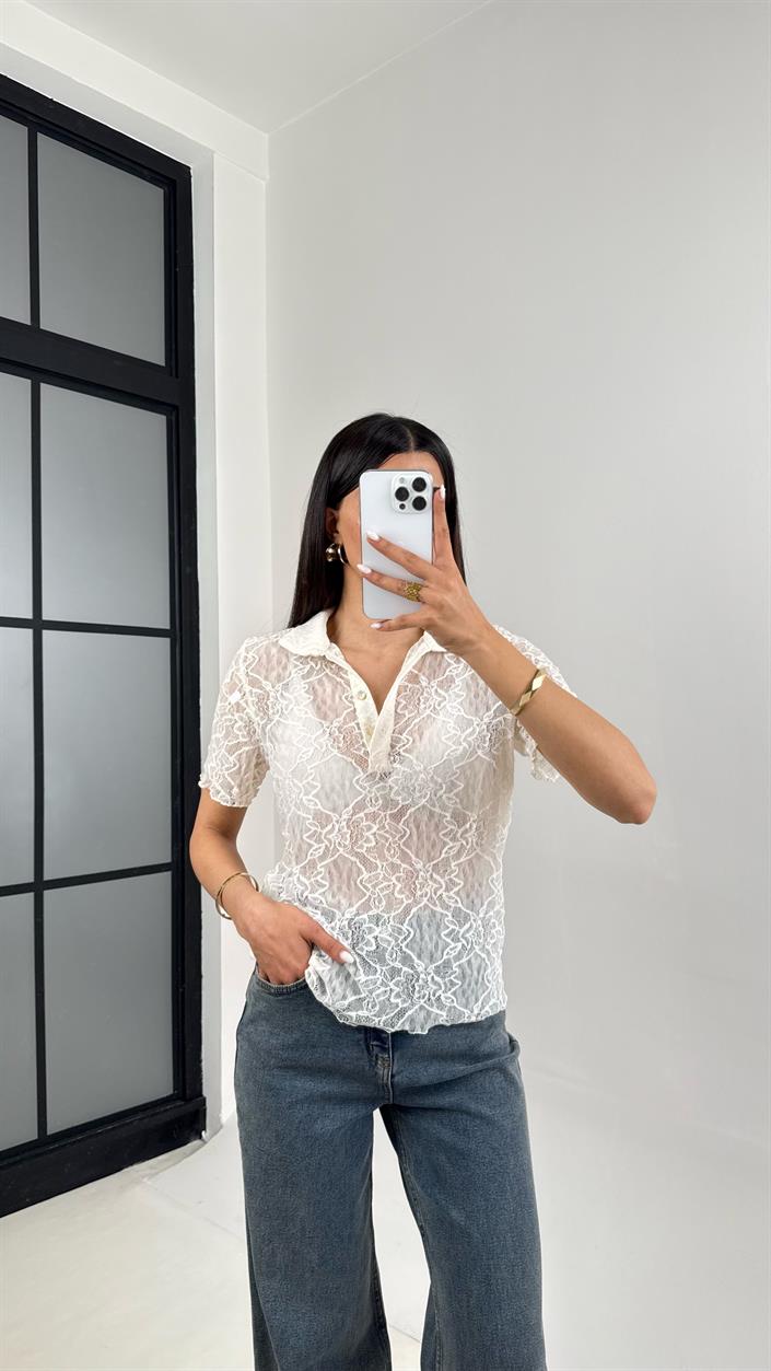 Beyaz Polo Yaka Dantelli Transparan Bluz Gaus00448