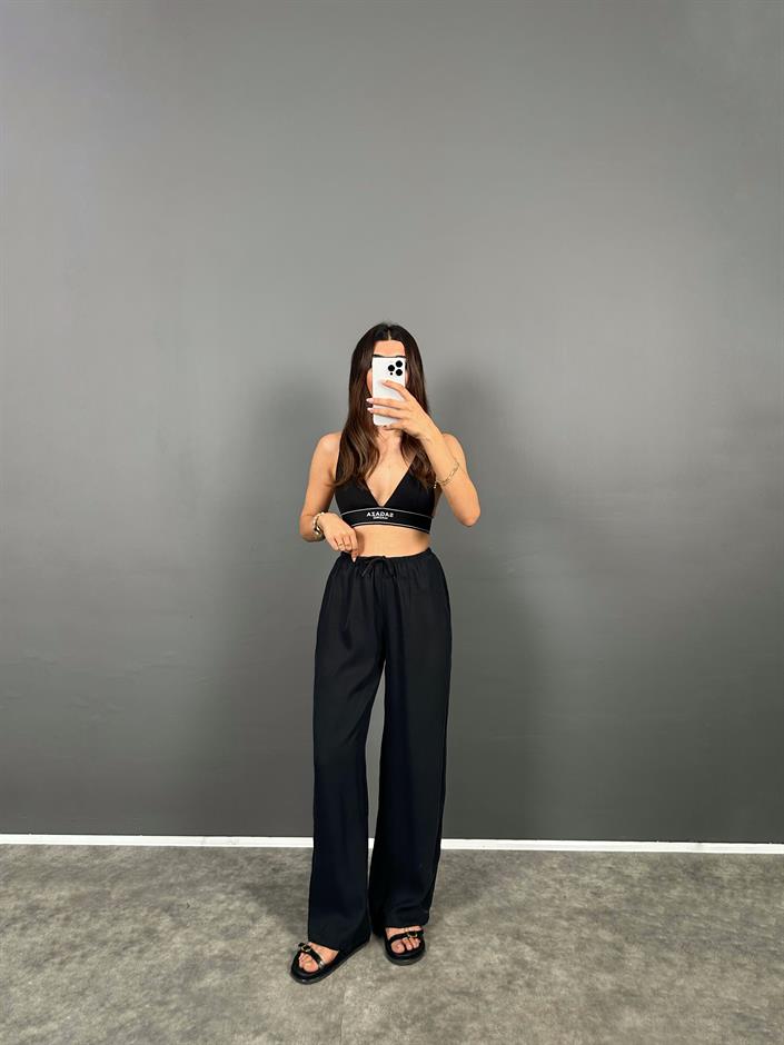 MD Siyah Beli Lastikli Cepli  İthal Kumaş Rahat Dokuma Muadil Pantolon