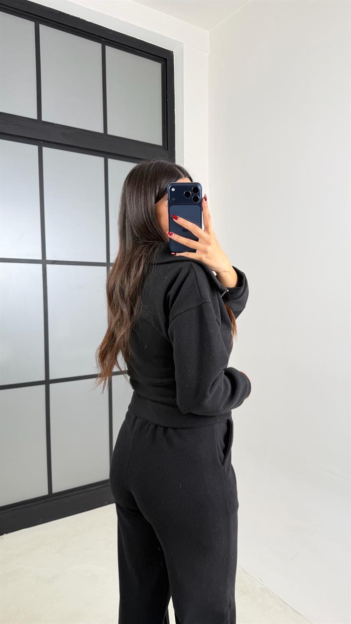 Siyah Fermuarlı Kazak Beli Lastikli Pantolon İkili Selanik Kumaş Takım GAUS-00781