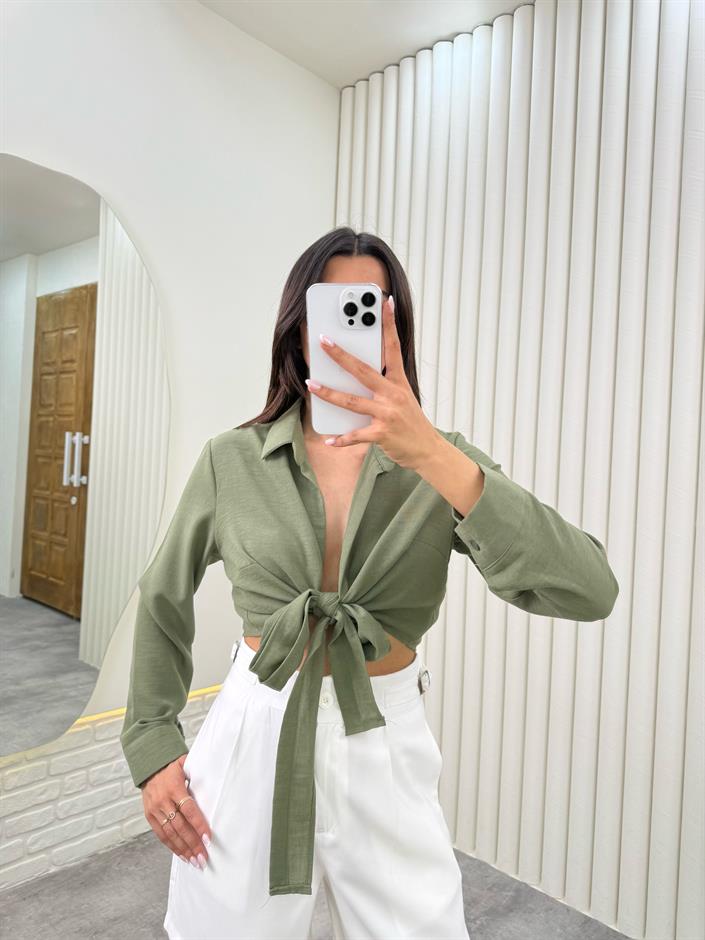 Haki Önü Bağlamalı Premium Keten Gömlek Gaus00319