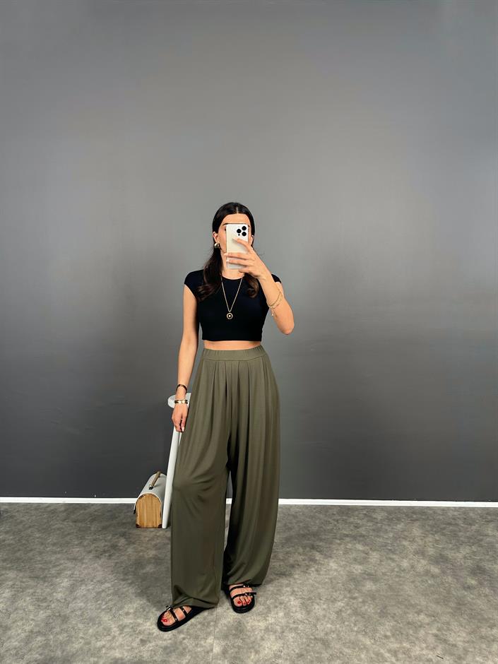 Brulle Haki Rahat Kesim Modal Dokuma Şalvar Pantolon