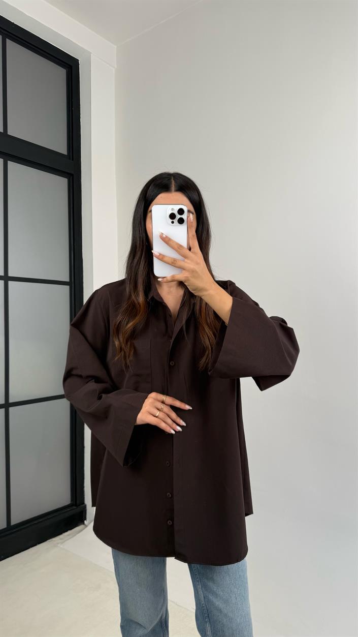 Acı Kahve Oversize Cep Detaylı Poplin Gömlek GAUS-0072