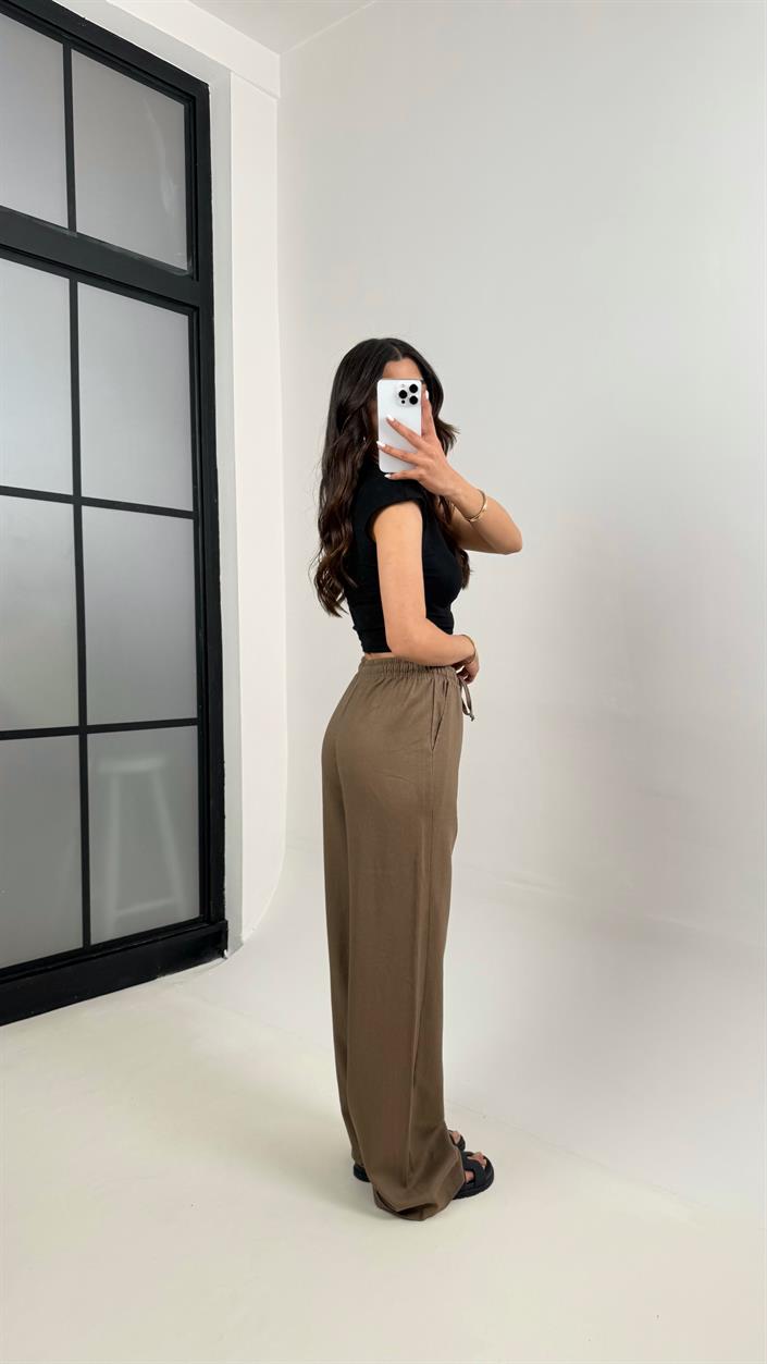 Kahve Beli Lastikli Muadil Keten Pantolon Gaus00346