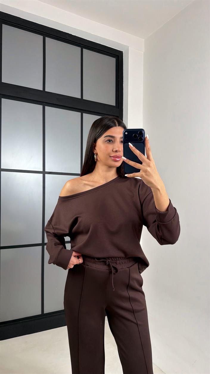 Acı Kahve Asimetrik Yaka Beli Lastikli Çımalı Pantolon Modal Kumaş Takım GAUS-00629