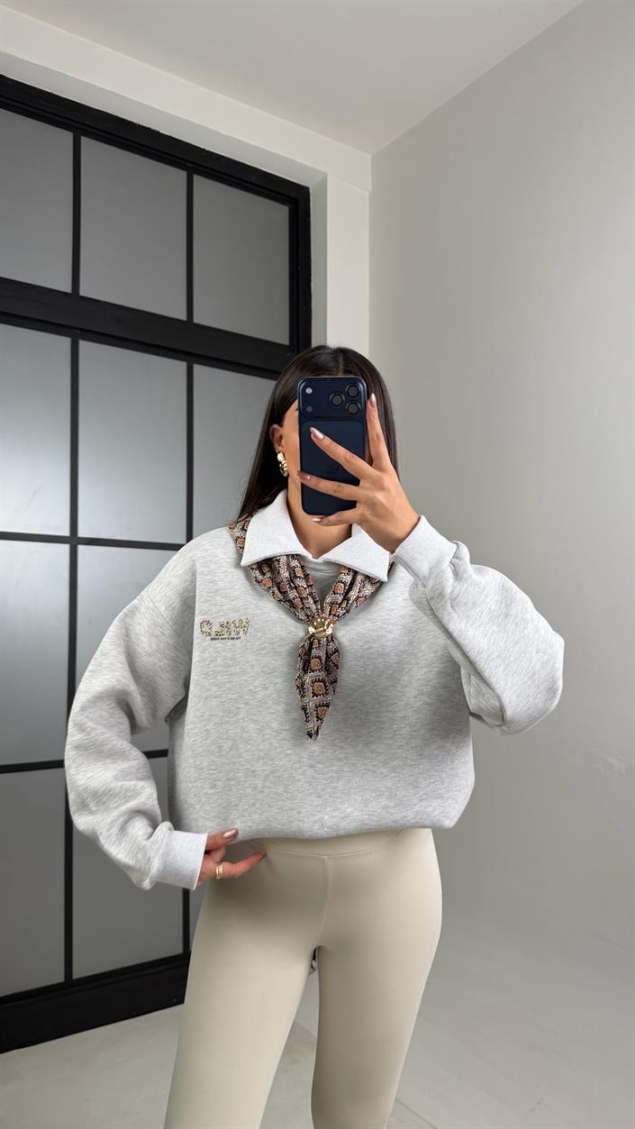 Gri Şardonlu Fular Detaylı Sweatshirt GAUS-01078