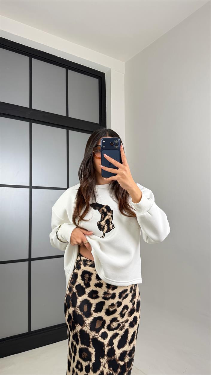 Beyaz Leopar Desenli Bluz Etek İkili Saten Takım GAUS-00903