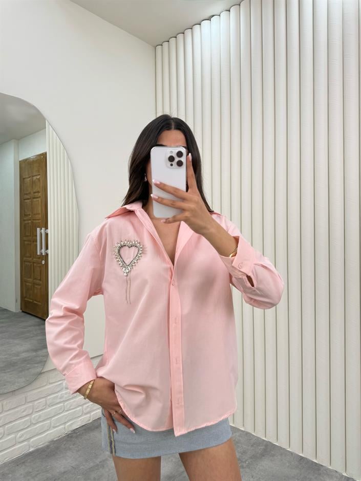 Pembe Taşlı Kalp Yaka Detaylı Gömlek Gaus00299