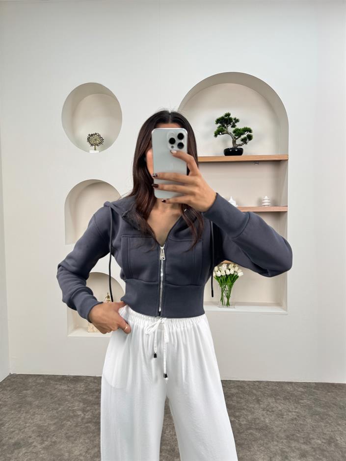Nerma Antrasit Kapüşonlu Fermuarlı Kısa Sweatshirt