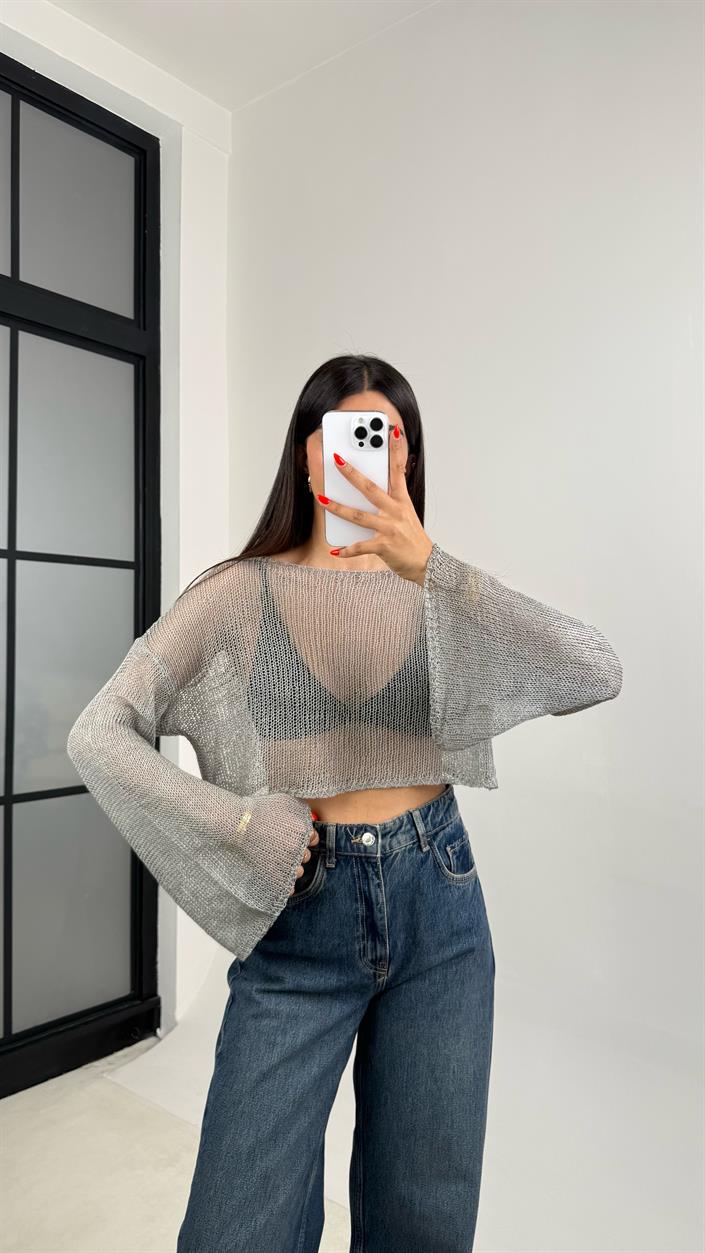 Gri Kolu Volanlı Merserize Bluz GAUS-0061