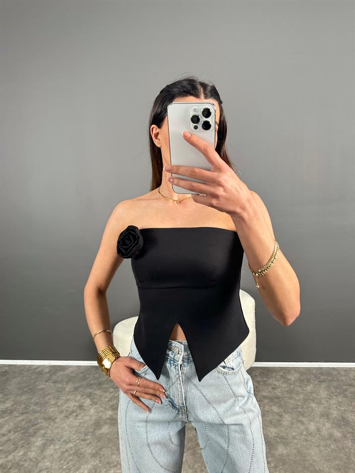 Siyah Gül Detaylı Arkası Fermuarlı Straplez