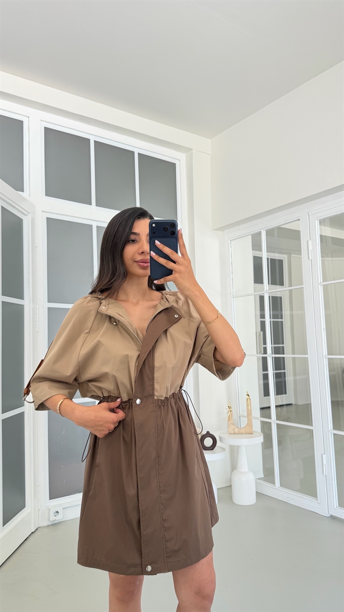 Camel Beli Lastikli Paraşüt Kumaş Elbise GAUS-01806