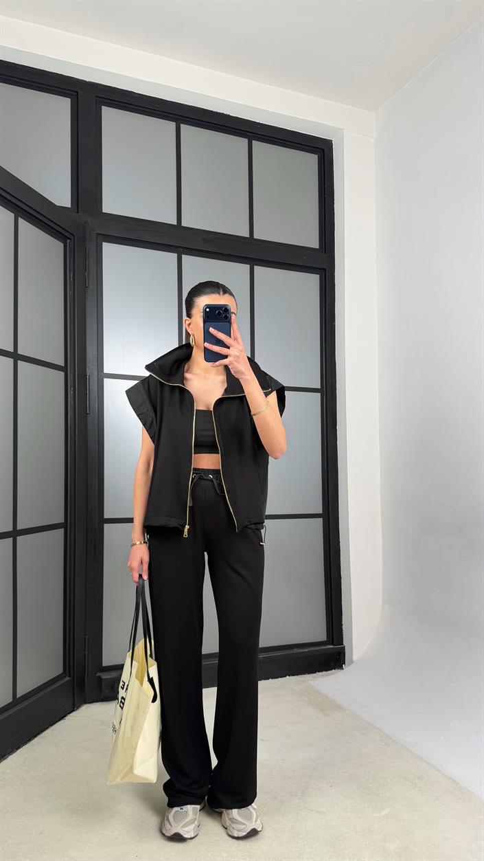 Siyah Paraşüt Kumaş Detaylı Yelek Pantolon İkili Modal Kumaş Takım GAUS-01369