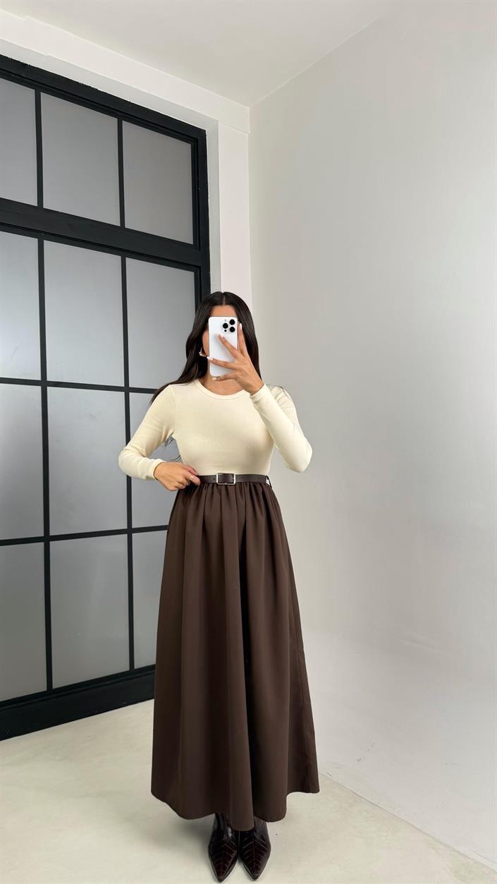 Kahve Uzun Kol Beli Lastikli Kemerli Elbise GAUS-01214