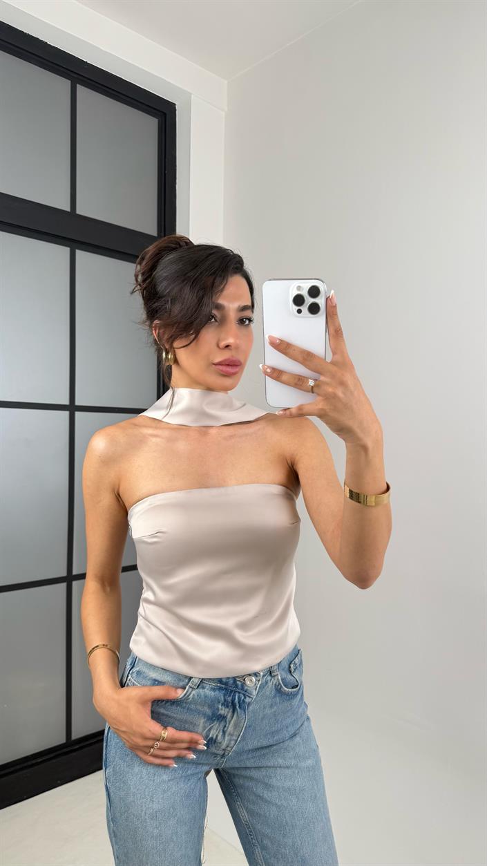 Vizon Boyun Bağlama Detaylı Saten Bluz Gaus00635 