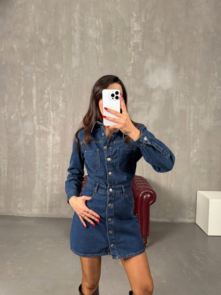 Renita Koyu Mavi Denim Düğmeli Jean Elbise