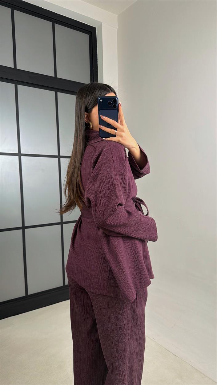 Mürdüm Kimono Beli Lastikli Pantolon İkili Muadil Takım GAUS-01113