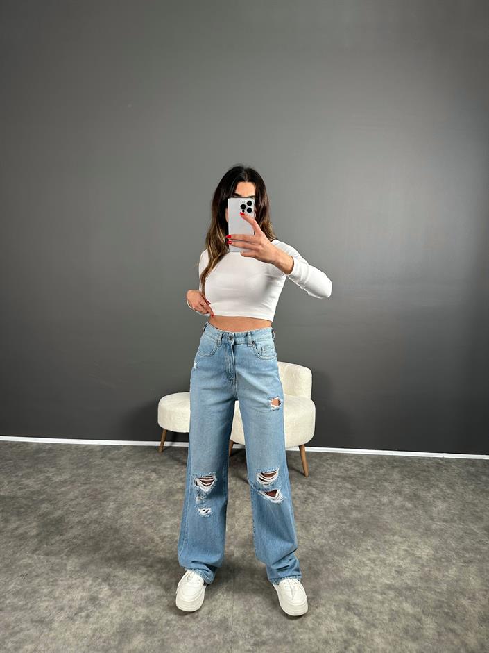 Wina Mavi Yırtık Yüksek Bel Straight Jean