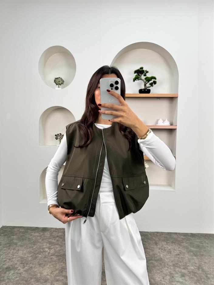 Belen Haki Cepli Fermuarlı Paraşüt Yelek