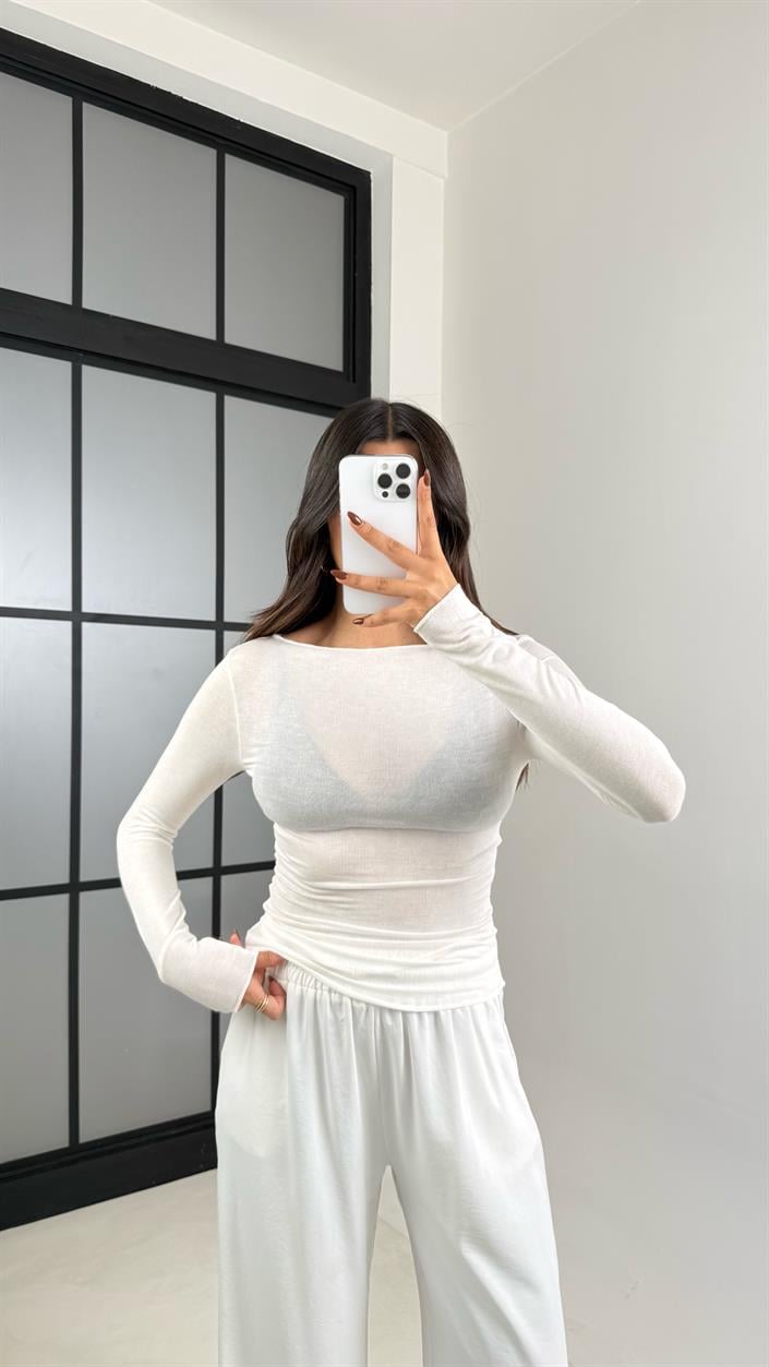 Ekru Kayık Yaka Muadil Kaşmir Dokulu Transparan Bluz GAUS-00455