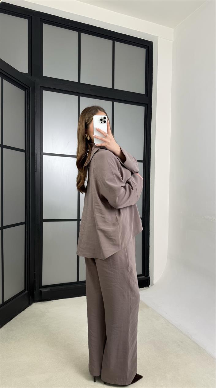 Vizon Gömlek Beli Lastikli Pantolon Cep Detaylı Muadil Tencel Takım GAUS-01225