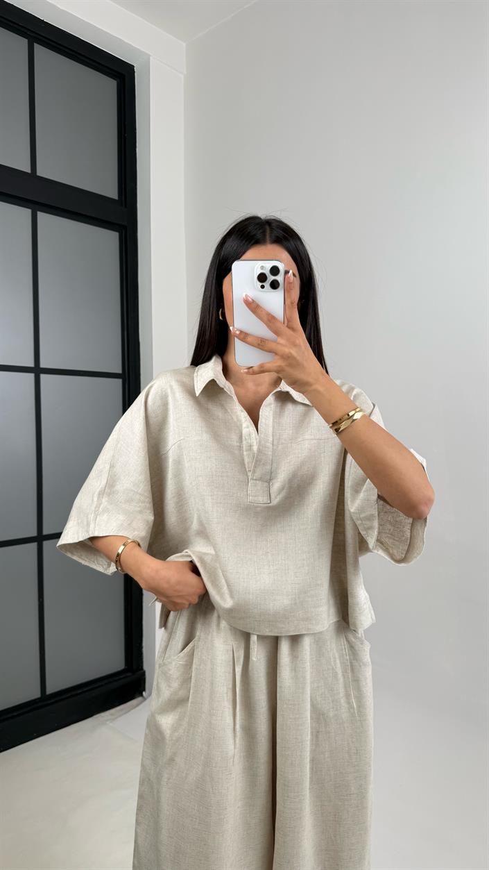 Taş Polo Yaka Yarasa Kol Bluz Şalvar Pantolon Md Muadil Premium Keten Takım Gaus00542