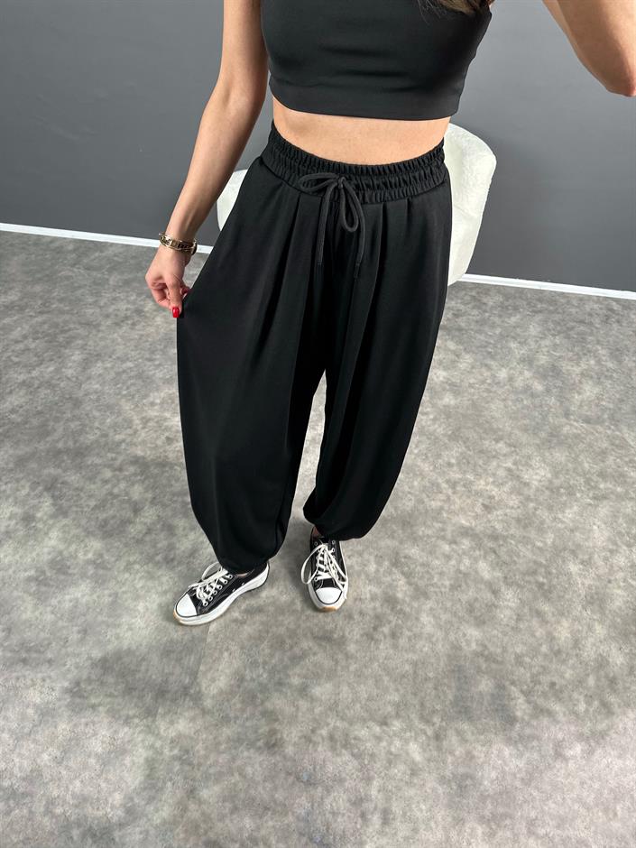 Siyah Pike Modal Kumaş Şalvar Pantolon 